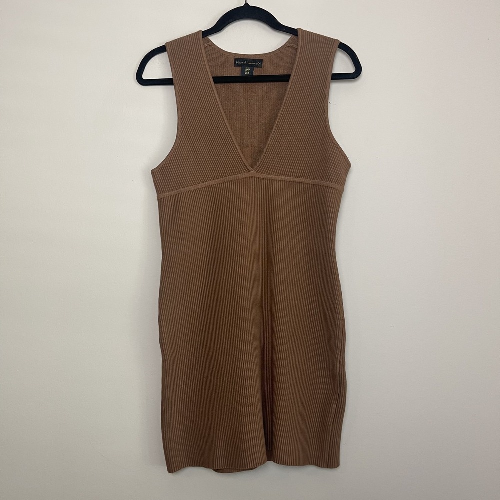 House of Harlow 1960 Ribbed Knit Brown Bodycon Sleeveless V-Neck Minimalist Chic